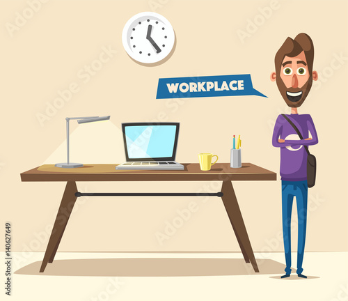 Modern workplace. Creative character. Office work. Cartoon vector illustration