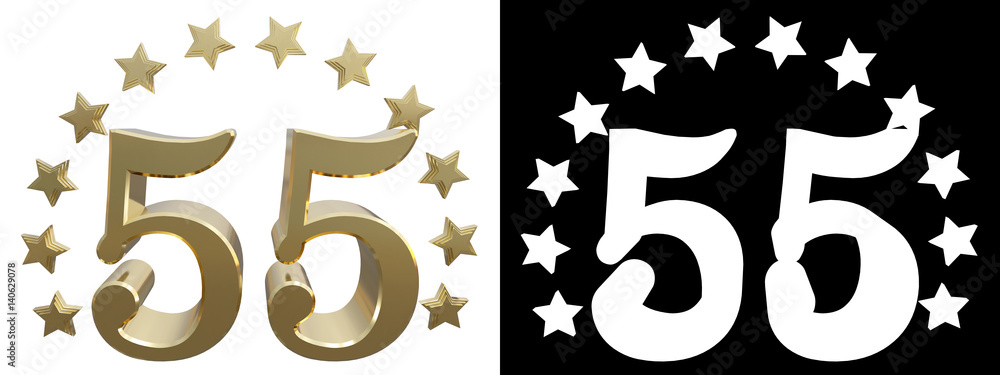 Gold number fifty five, decorated with a circle of stars. 3D illustration Gold number fifty five, decorated with a circle of stars. 3D illustration
