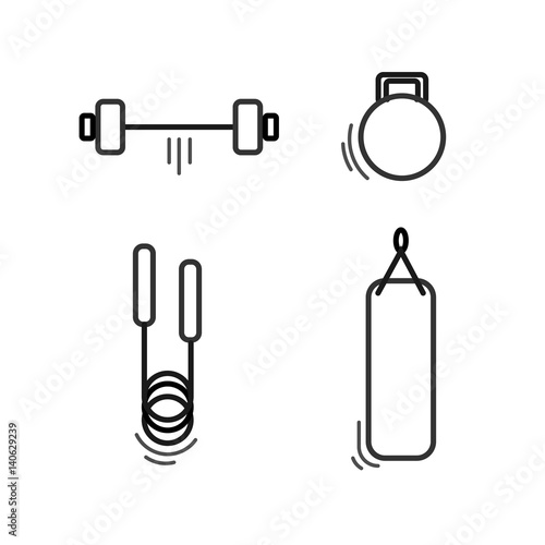Sports thin line icon set for web and mobile. Punching bag, barbell, skipping rope, weight for gym flat design.