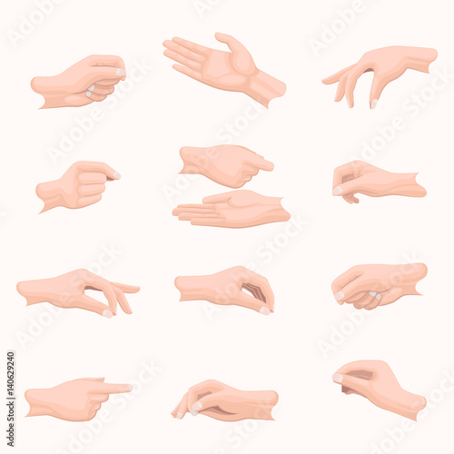 Realistic Hand Set with Fingers Positions on White