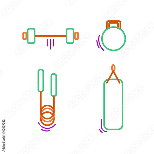 Sports thin line icon set for web and mobile. Punching bag, barbell, skipping rope, weight for gym flat design.