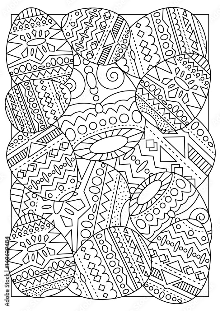 Easter eggs with tribal ornament vector coloring page for adults.