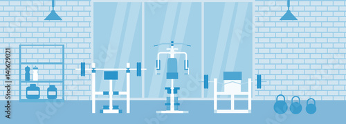 Fitness gym interior template with sports equipments and cardio equipment, exercise bike, treadmills, elliptical trainers, . Fitness concept with sport Club in flat style. Blue silhouette.