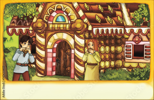 cartoon scene with pair of children eating some sweets near colorful cottage in deep forest