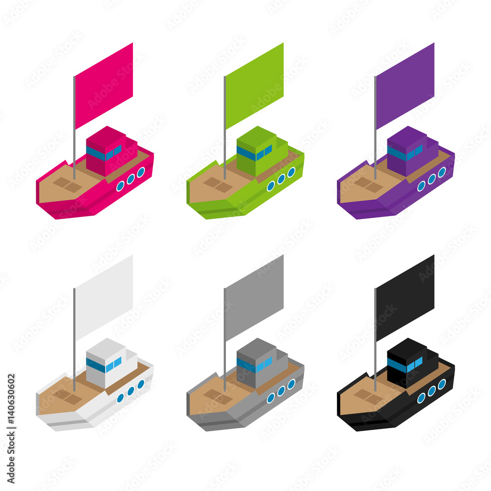 Set of colored and gray isometric 3d toy ships with flags. Cartoon vessels with standards. Sea transport icons for infographics