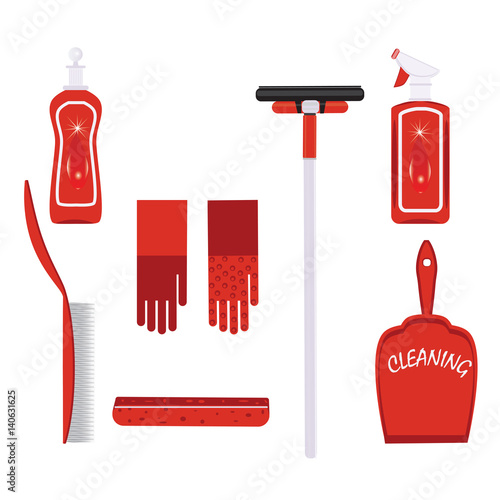 Set for cleaning detergent in a bottle gloves scoop brush sponge washbowl wiper isolated on white background art creative vector element for design