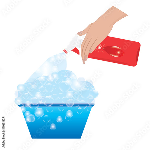 Set for cleaning a washbowl with soap foam female hand detergent in a bottle dispenser isolated white art background creative vector illustration element for design