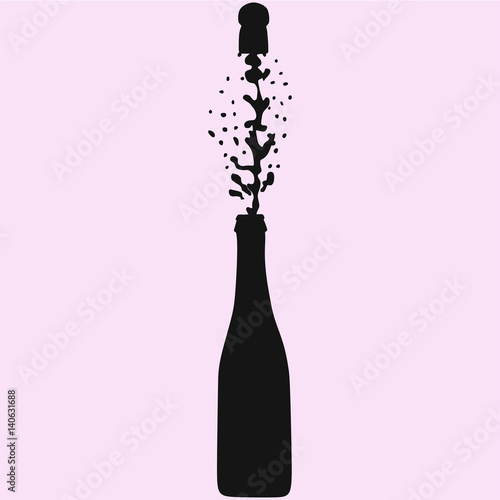 champagne bottle explosion with cork and splashes realistic vector silhouette isolated