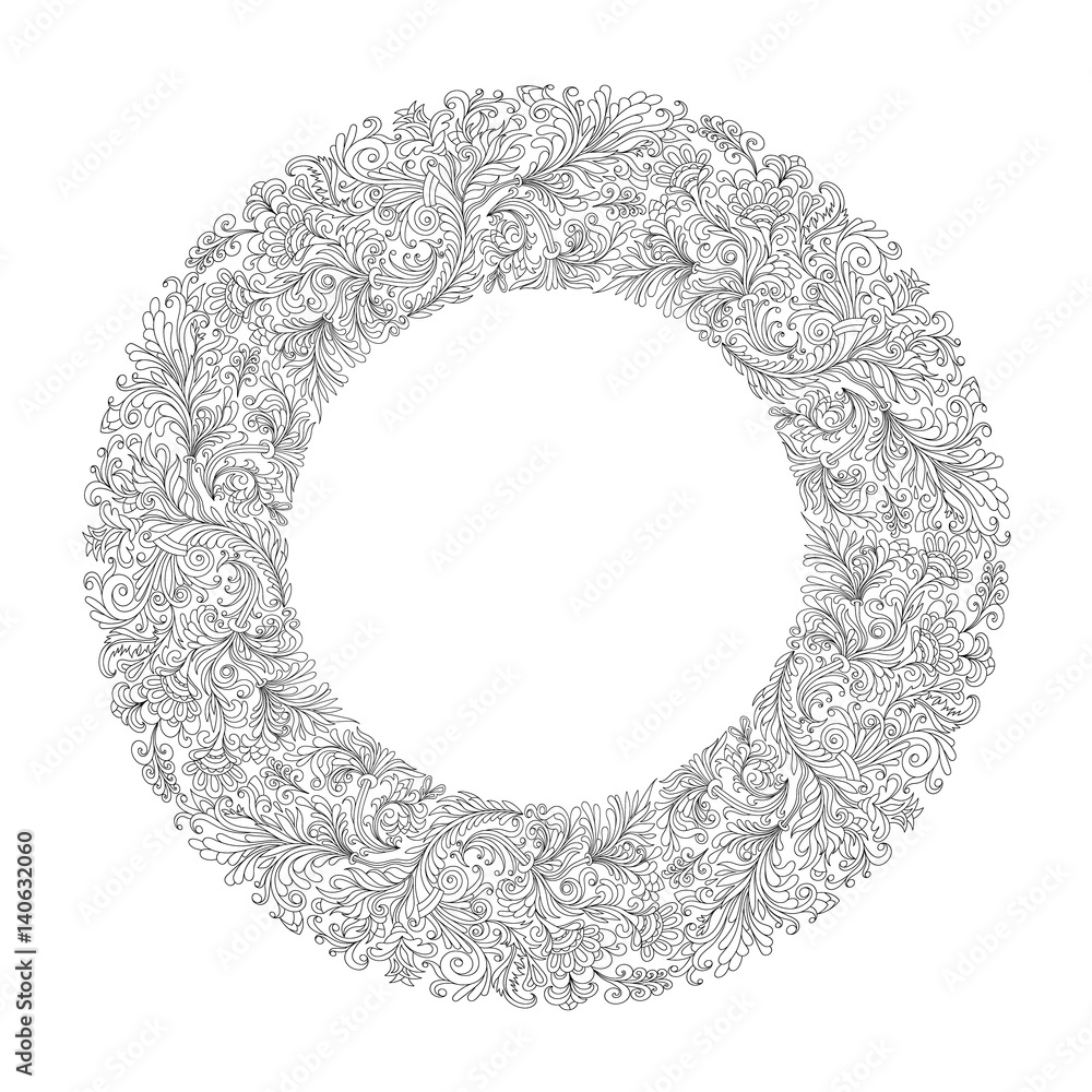 Round frame with black and white doodle flowers. Vector element for invitations, greeting cards, and your creativity Round frame with black and white doodle flowers. Vector element for invitations, greeting cards, and your creativity