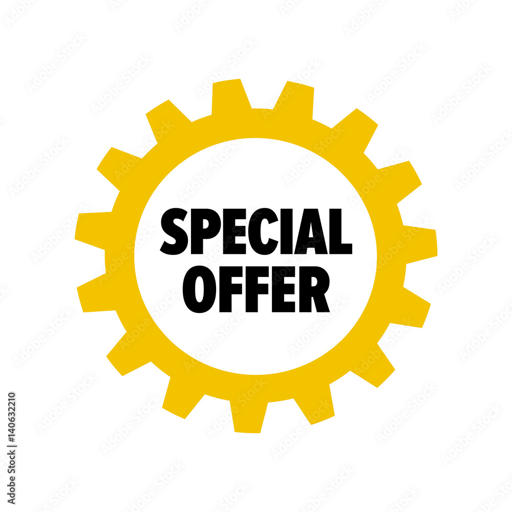 Yellow cartoon gear with words 'Special Offer' isolated on white  background. Discount tag for industrial companies, car shops. Cogwheel  label for parts stores. Vector design element Stock Vector | Adobe Stock
