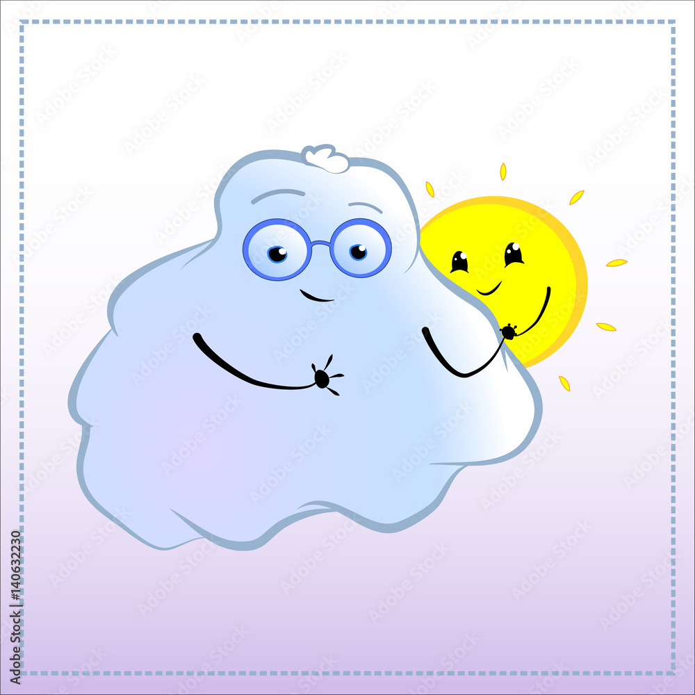 Cartoon character with a friend. Cute Cloud in glasses with sun vector illustration. Cartoon character with a friend. Cute Cloud in glasses with sun vector illustration.
