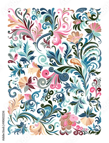 Ethnic colored floral zentangle, doodle background pattern rectangle in vector.
