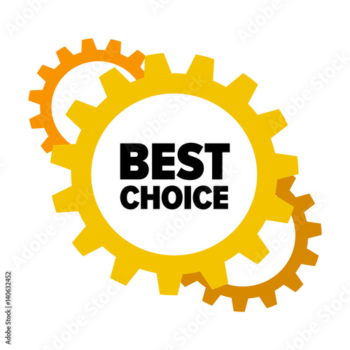 Yellow cartoon gears with words 'Best Choice' isolated on white background. Discount tag for industrial companies, car shops. Cogwheel label for parts stores. Vector design element
