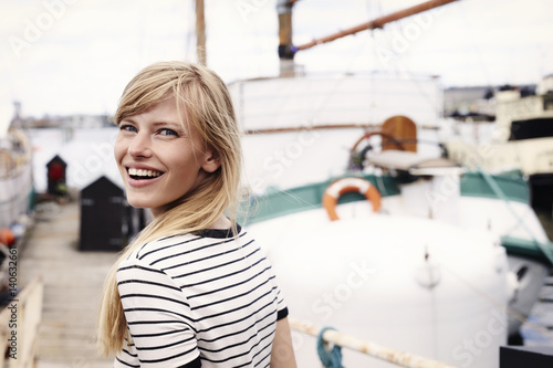Striped top beautiful woman, smiling