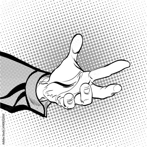 Man's hand holding out for something. Man demanding something. Man inquiring for something. Man's hand. Reaching out. Requiring something. Halftone background