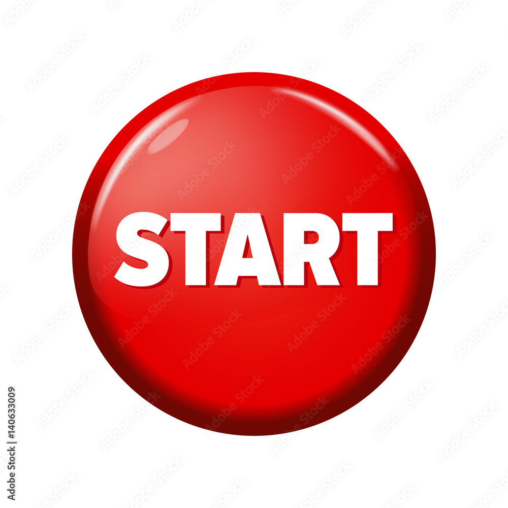 Glossy red round button with word 'Start' on white background. Bright plastic circle. Realistic vector illustration Glossy red round button with word 'Start' on white background. Bright plastic circle. Realistic vector illustration