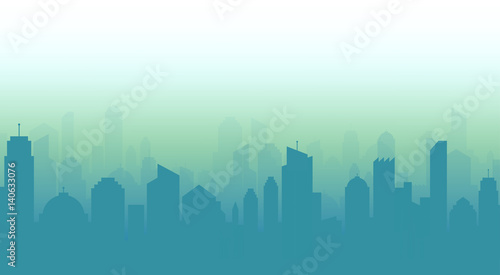 Cityscape and skyline vector illustration with blue urban buildings and silhouette. 