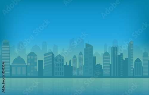 Cityscape and skyline vector illustration with blue urban buildings and silhouette. 