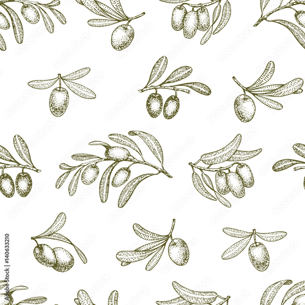 Fototapeta premium Seamless pattern with olive branches. Retro decorative texture background. Vector