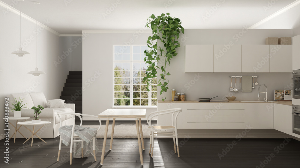 Fototapeta Scandinavian white minimalist living with kitchen, open space, one room apartment, modern interior design