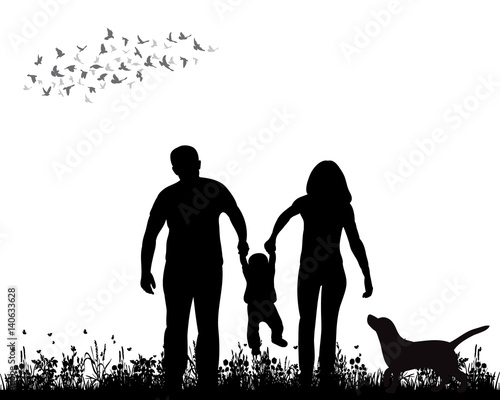 isolated, silhouette family walking on grass, playing