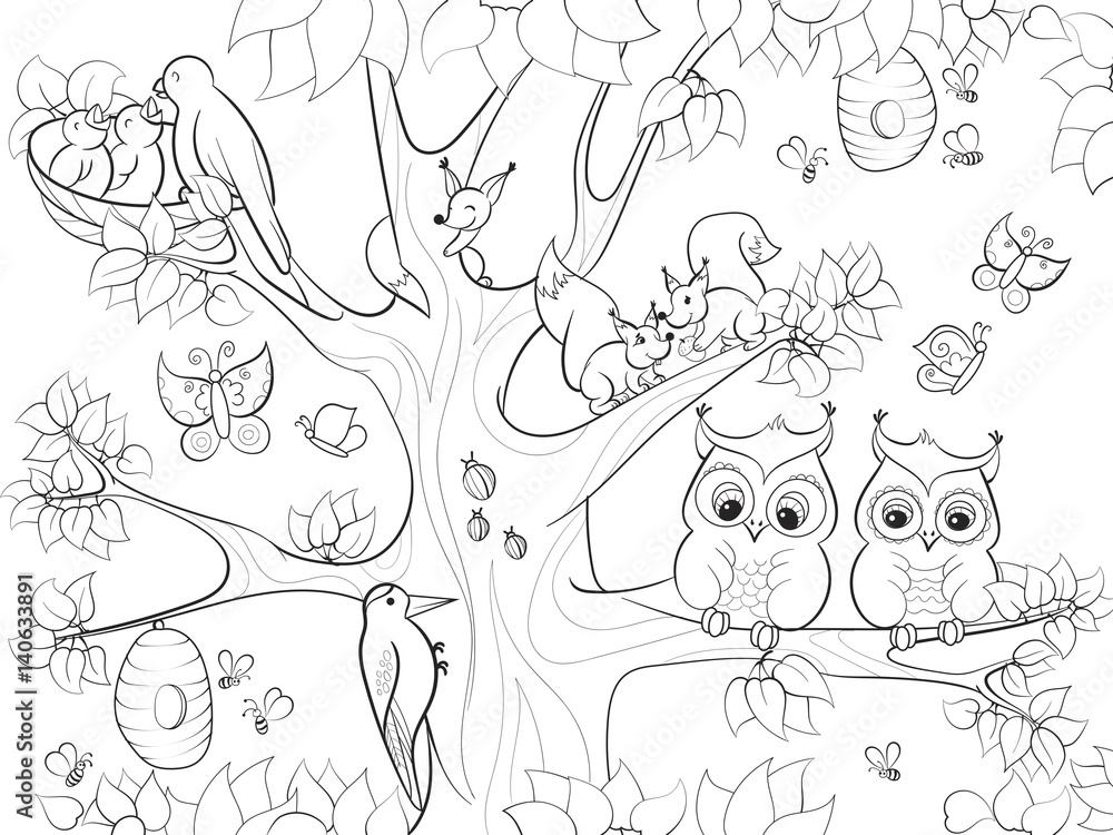Animals and birds living on the tree coloring for children cartoon vector illustration