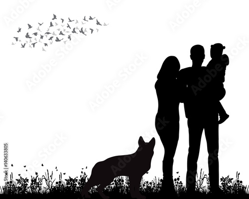 Vector, isolated, silhouette family walking with dog on the grass playing