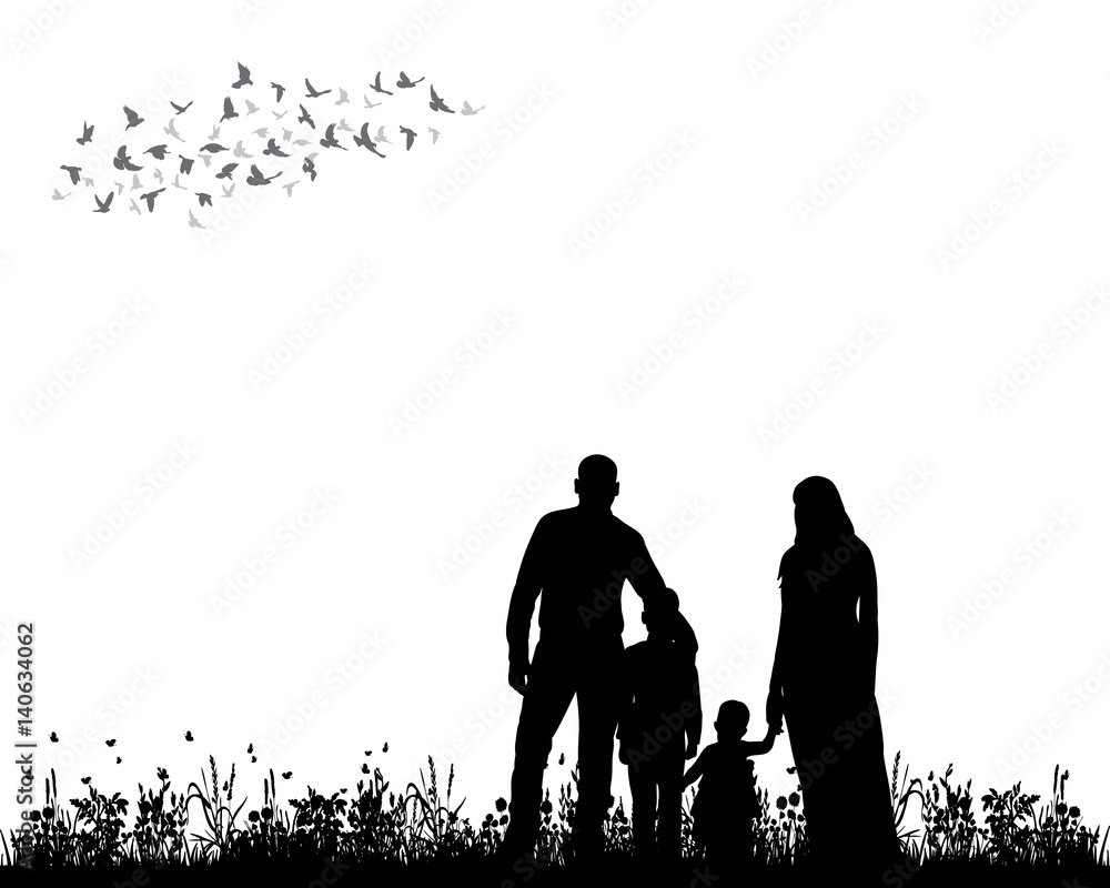 isolated, silhouette family walking on grass isolated, silhouette family walking on grass