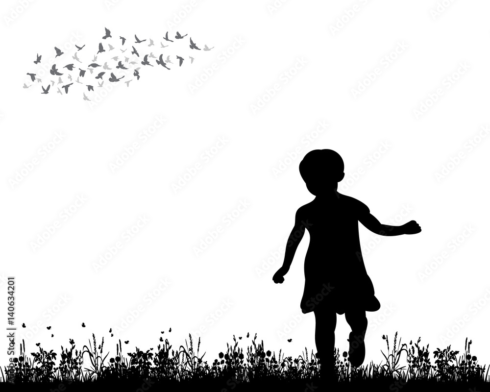 Vector, isolated, silhouette child running along the grass Vector, isolated, silhouette child running along the grass