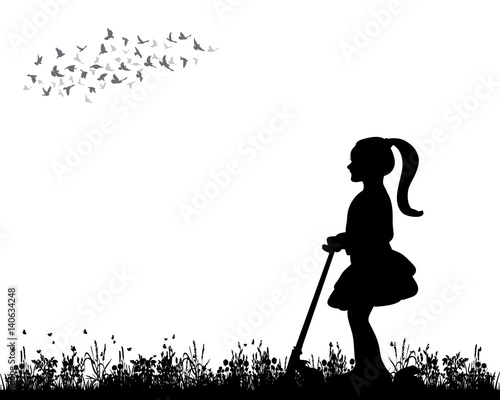 Vector, isolated, silhouette the child is on a scooter
