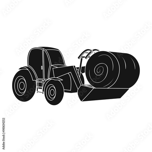 Orange tractor with a ladle transporting hay bale. Agricultural vehicles.Agricultural Machinery single icon in black style vector symbol stock illustration.