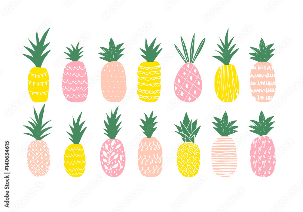 The vector illustration of the variety of different colored pineapples.