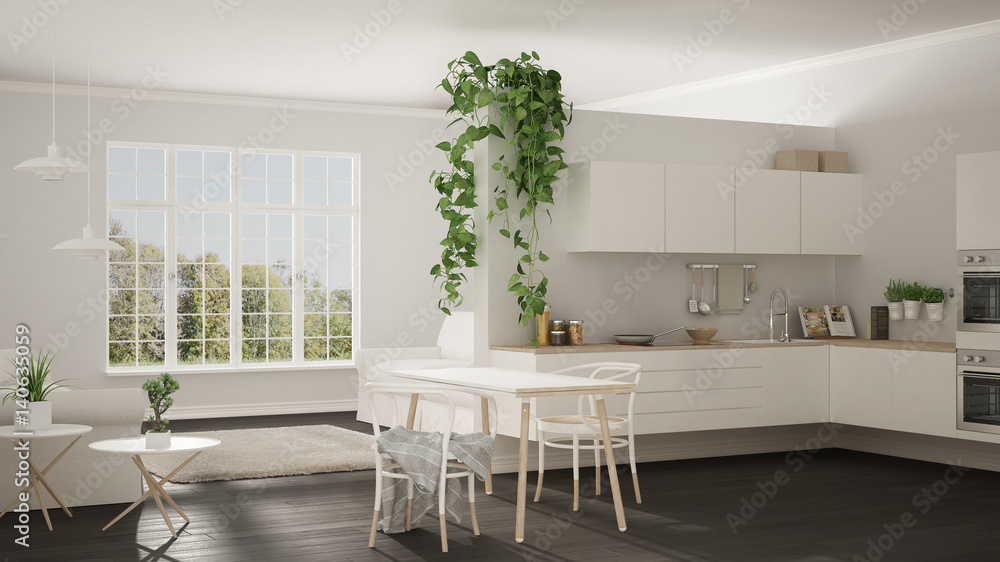 Fototapeta premium Scandinavian white minimalist living with kitchen, open space, one room apartment, modern interior design
