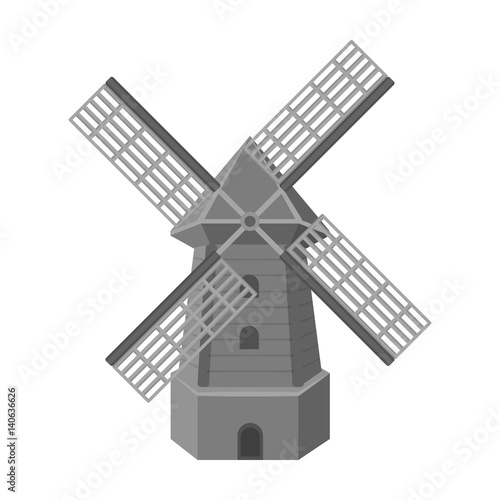 Rural wooden mill. Mill for grinding grain into flour.Farm and gardening single icon in monochrome style vector symbol stock illustration.