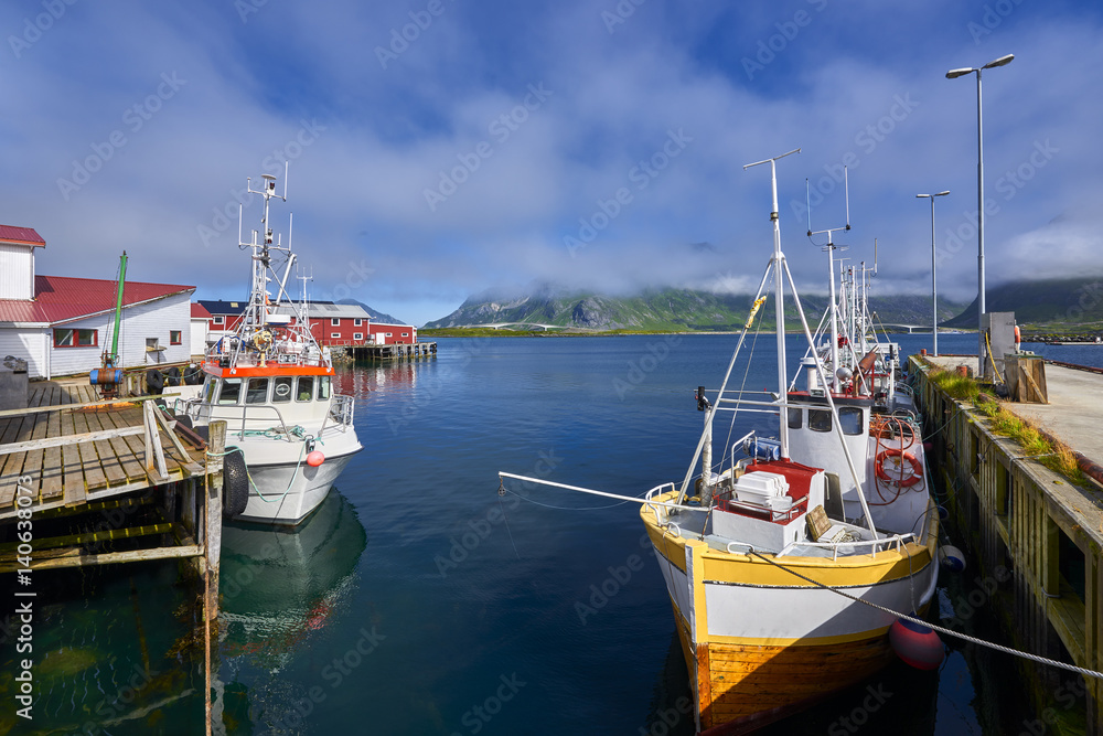 Fredwang, Norwey Picturesque view small harbor on Lofoten islands in Norway