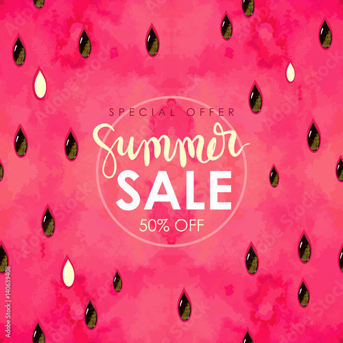 "summer sale" hand written lettering. Vector illustration with watercolor paint textured watermelon background.