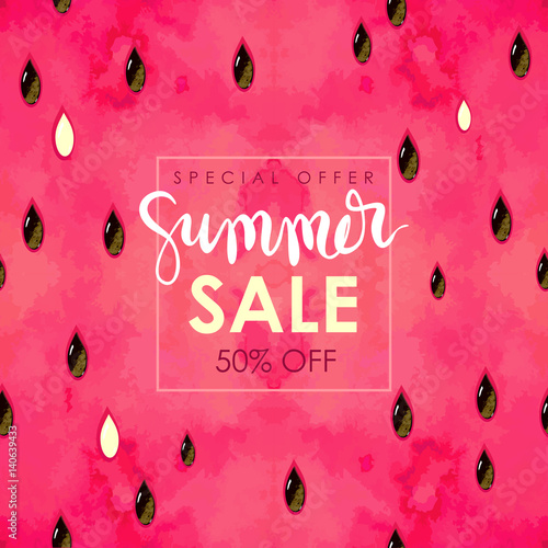 "summer sale" hand written lettering. Vector illustration with watercolor paint textured watermelon background.