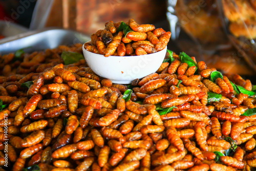 Worm insect fried crispy / fried silk worms bamboo insect protein rich food - Pupa , Chrysalis in street food in thailand.