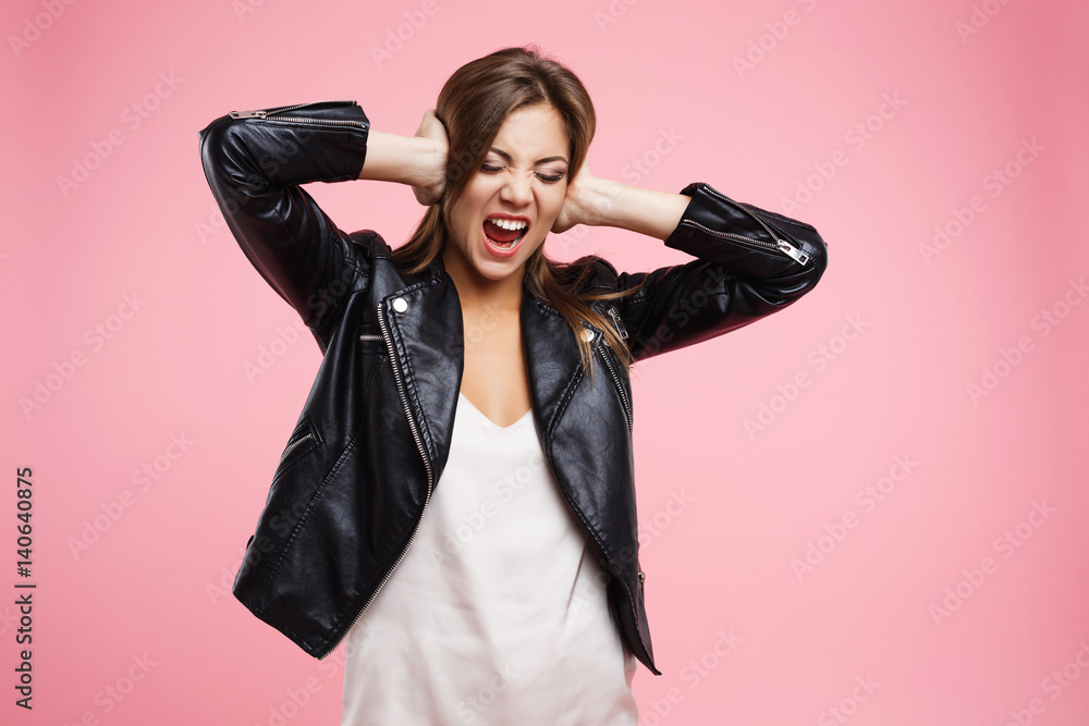 Tired of too much noise woman, holding ears and screams Tired of too much noise woman, holding ears and screams