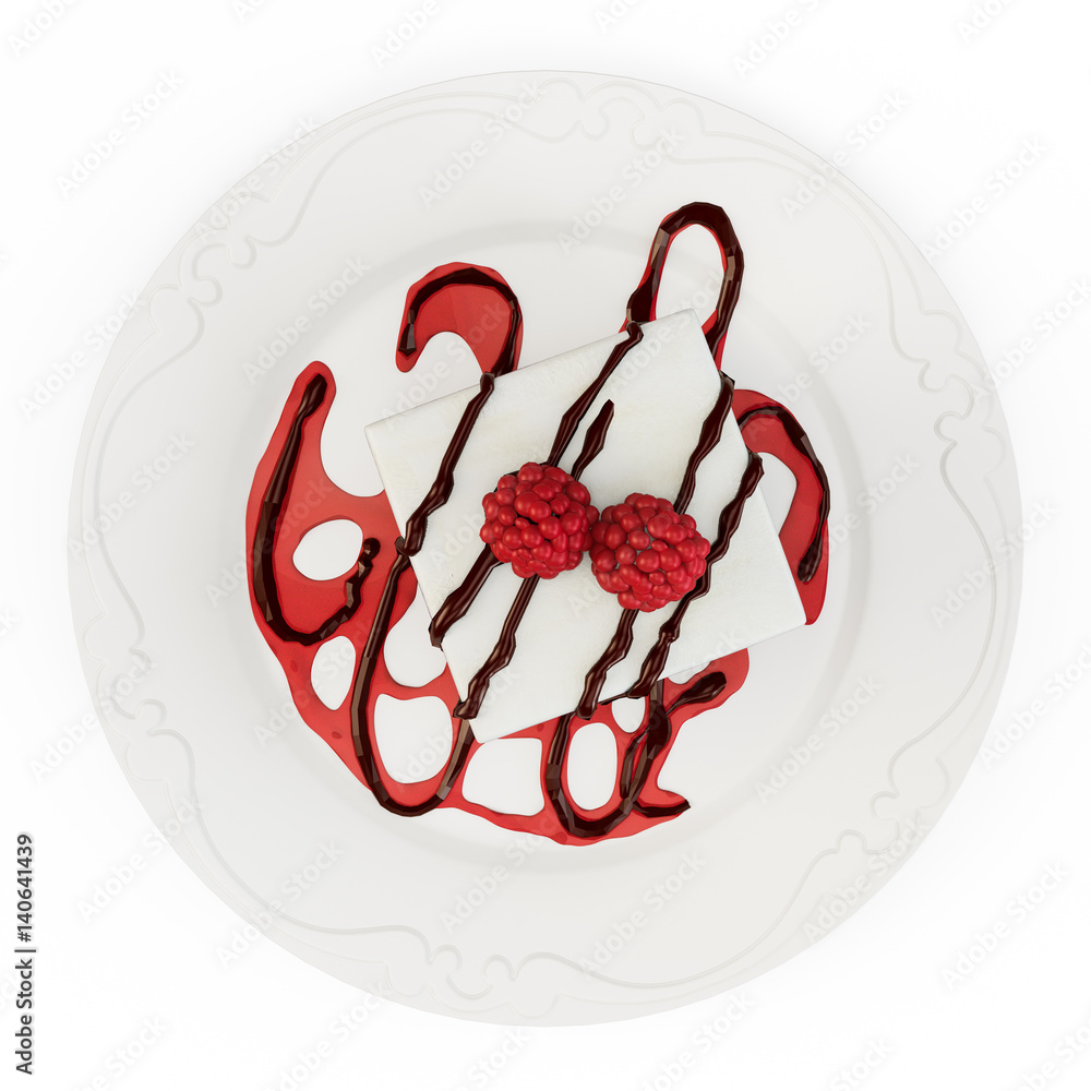Fototapeta premium Cheese cake with strawberries and raspberries on a white plate. Top view. Isolated on white background. 3D Rendering, 3D Illustration.