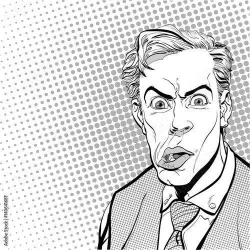 Portrait of scared man. Scared businessman. Surprised man. Pop art retro style illustration. People in retro style. Halftone background. Man's face.