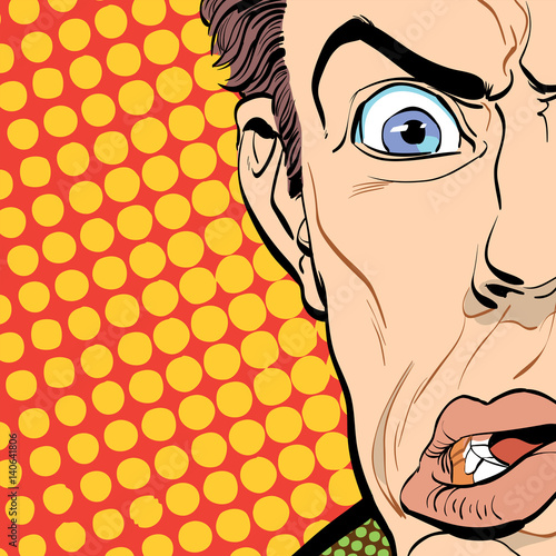 Portrait of scared man. Scared businessman. Surprised man. Pop art retro style illustration. People in retro style. Halftone background. Man's face.