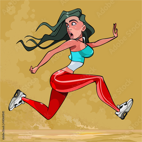 cartoon frightened woman is running very fast