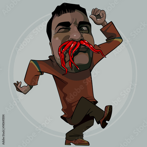 cartoon funny man fooling around with peppers under the nose