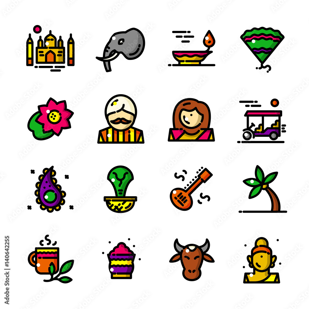 Fototapeta premium Thin line India icons set, vector illustration