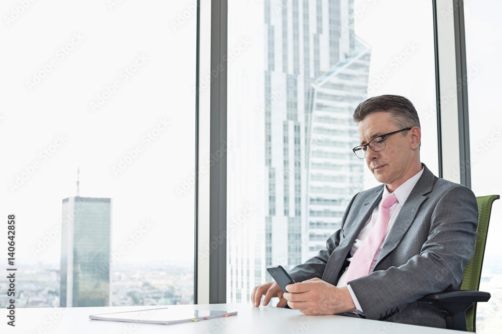 Fototapeta premium Mature businessman text messaging through cell phone near office window