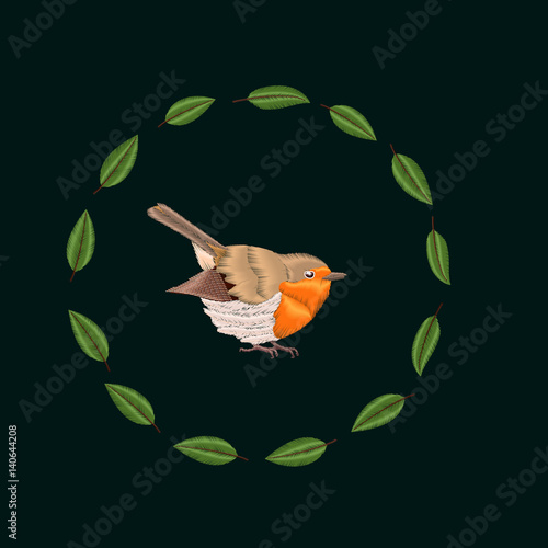Embroidery Blackthorn leaves and robin bird. Vector illustrations vintage design