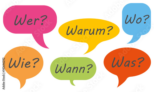 Sprechblasen mit den W-Fragen (in Bunt)
