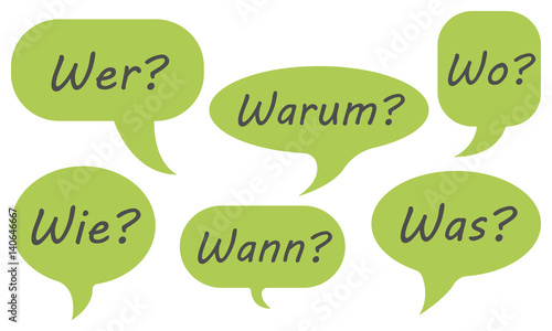 Sprechblasen mit den W-Fragen (in Grün)