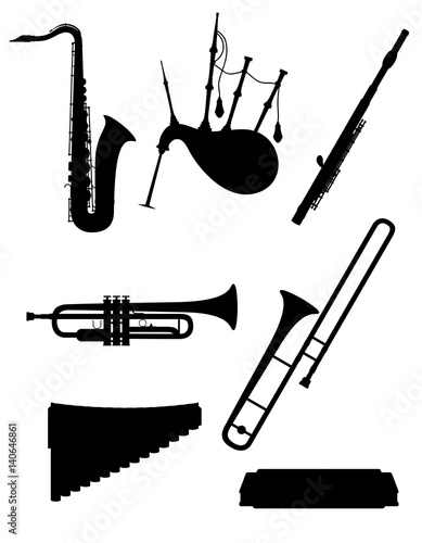wind musical instruments set icons black outline silhouette stock vector illustration